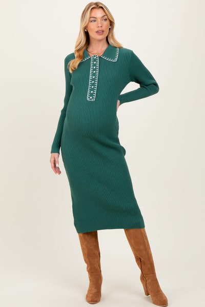 PinkBlush Forest Green Contrast Stitch Maternity Midi Sweater Dress