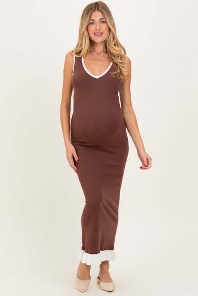 PinkBlush Brown Knit V-Neck Contrast Ruffle Hem Maternity Maxi Dress