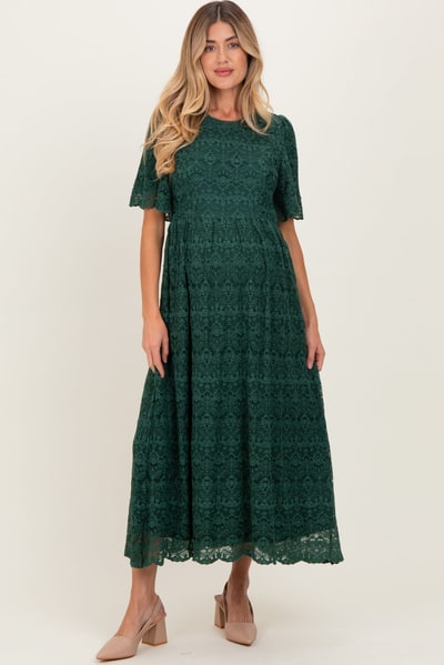 PinkBlush Forest Green Floral Lace Maternity Midi Dress