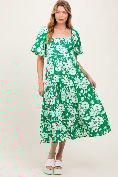 PinkBlush Green Floral Scallop Trim Puff Sleeve Maternity Midi Dress