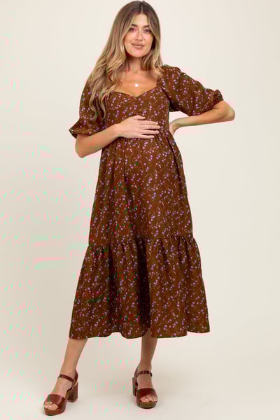 PinkBlush Mocha Floral Sweetheart Puff Sleeve Maternity Midi Dress