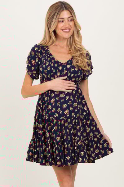 PinkBlush Navy Floral Smocked V-Neck Maternity Midi Dress