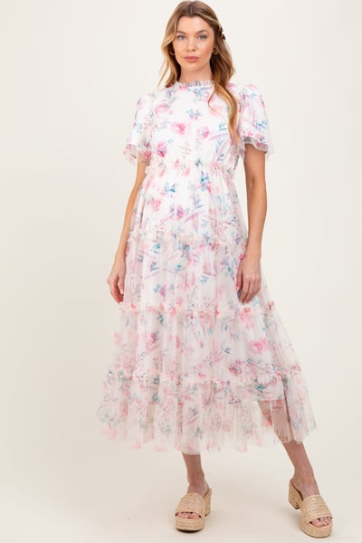 PinkBlush Ivory Floral Mesh Ruffle Tiered Maternity Midi Dress