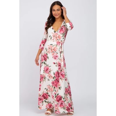 Target PinkBlush Cream Floral Maternity Wrap Maxi Dress Cream Small
