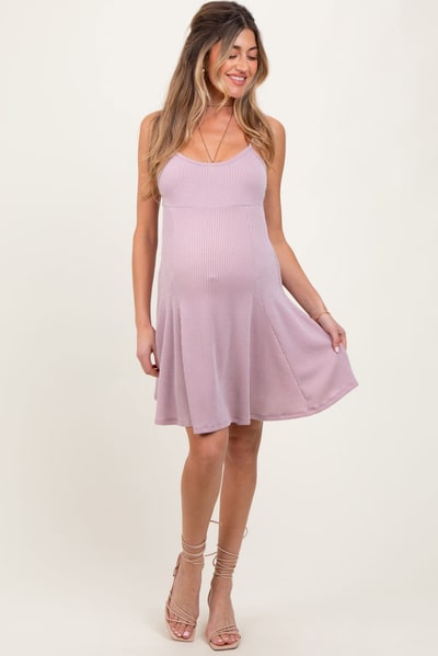 PinkBlush Mauve Solid Ribbed Knitted Adjustable Strap Sleeveless Maternity Mini Dress