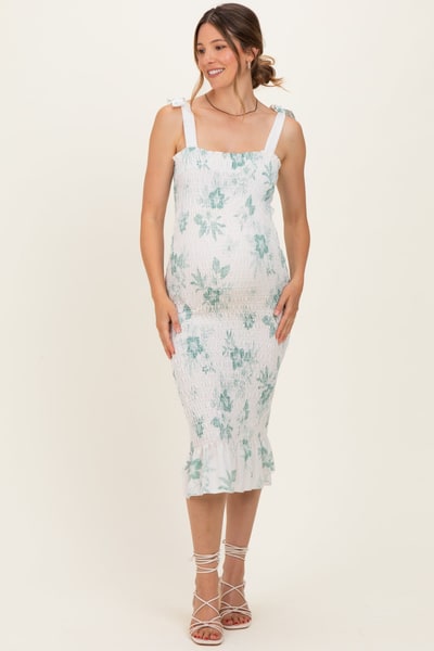 PinkBlush Sage Floral Shoulder Tie Fitted Maternity Midi Dress