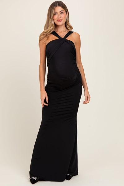PinkBlush Black Twist Front Ruched Maternity Maxi Dress