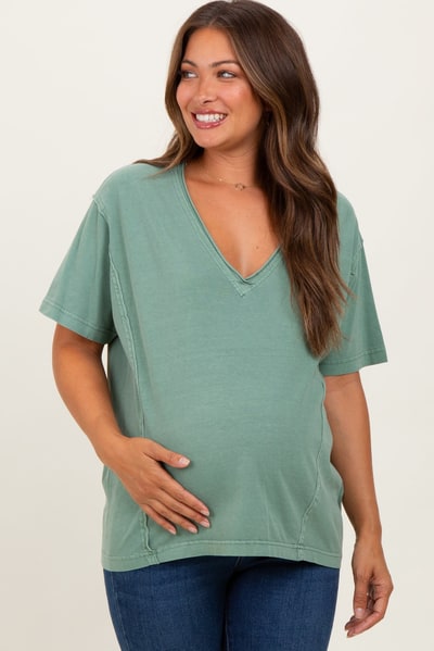 PinkBlush Light Olive Raw Edge V-Neck Short Sleeve Maternity T-Shirt