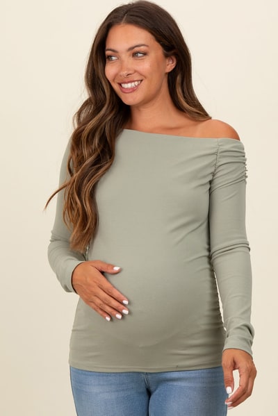 PinkBlush Light Olive One Shoulder Long Sleeve Maternity Top