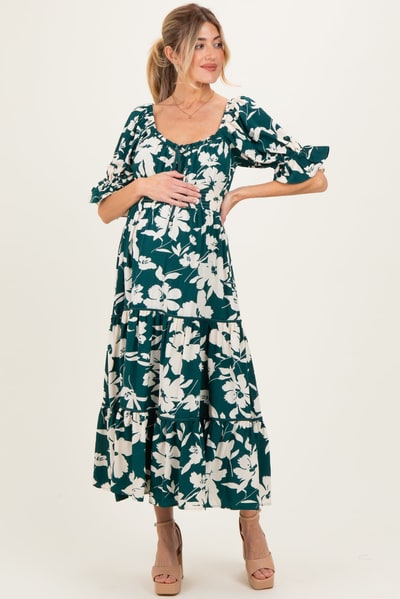 PinkBlush Hunter Green Floral Short Sleeve Square Neck Tiered Maternity Maxi Dress