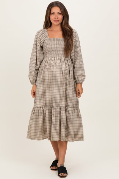 PinkBlush Beige Plaid Smocked Puff Sleeve Maternity Midi Dress