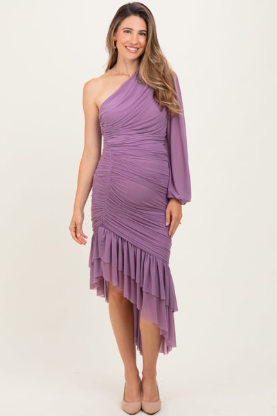 PinkBlush Lavender Mesh Ruched One Shoulder Asymmetric Maternity Dress