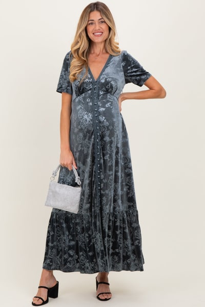 PinkBlush Blue Grey Velvet Floral Button Down Maternity Maxi Dress