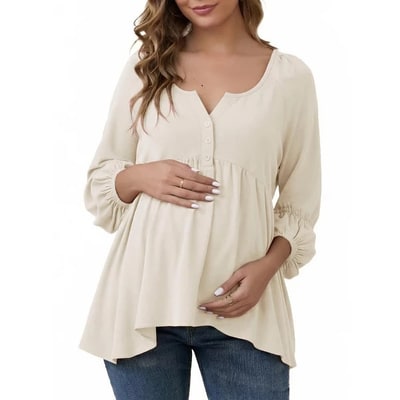 Target INSPIRE CHIC Womens Maternity High Low Tops Lantern Sleeve Boho Babydoll Ruffled Flowy Long Sleeve Pregnancy Blouse Small Beige