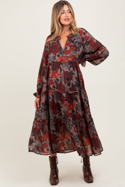 PinkBlush Beige Floral Chiffon Ruffle Tiered Maternity Midi Dress