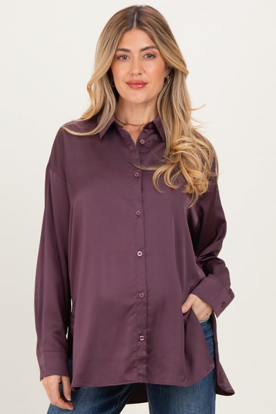 PinkBlush Burgundy Long Sleeve Oversized Satin Maternity Shirt