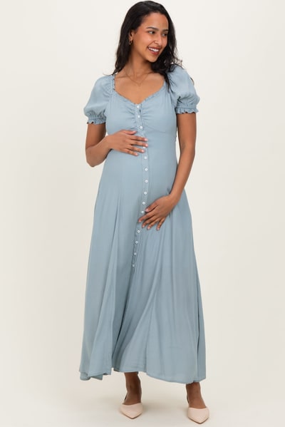 PinkBlush Dusty Blue Button Down Ruffle Trim Maternity Maxi Dress