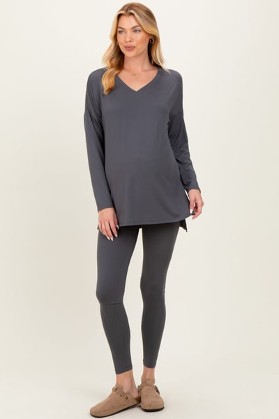 PinkBlush Charcoal Brushed Knit Maternity Oversized Top and Legging Set