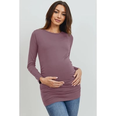 Target Hello Miz Women's Casual Crewneck Long Sleeve Side Ruched Maternity Top - Mauve - Large