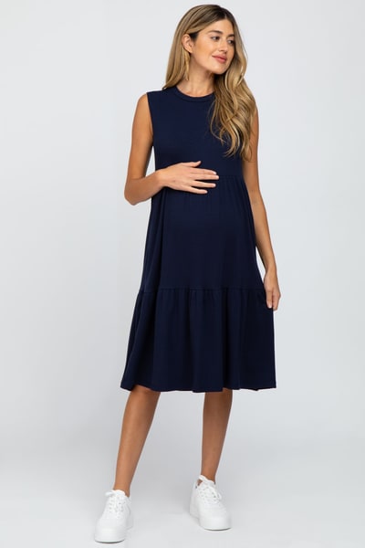 PinkBlush Navy Ribbed Sleeveless Maternity Midi Dress