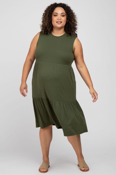 PinkBlush Olive Ribbed Sleeveless Plus Maternity Midi Dress