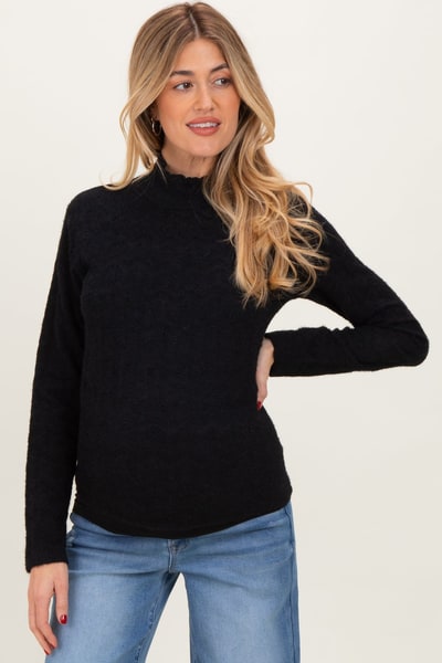 PinkBlush Black Mock Neck Long Sleeve Brushed Lace Maternity Top