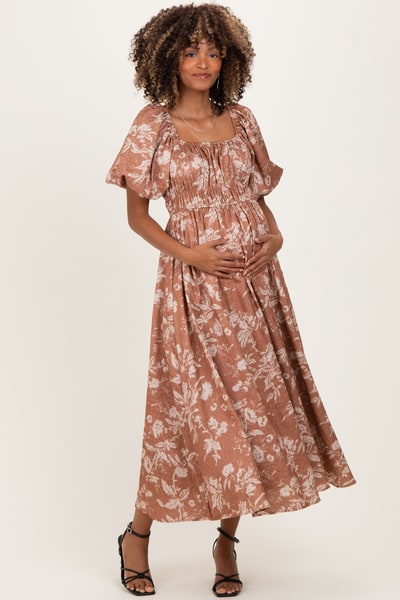 PinkBlush Rust Floral Puff Sleeve Smocked Waist Maternity Midi Dress