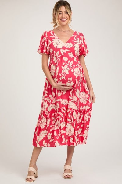 PinkBlush Red Tropical Print Ruffle Maternity Midi Dress