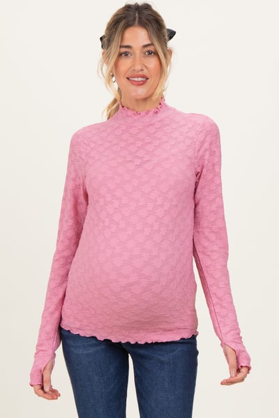 PinkBlush Mauve Thumbhole Sleeves Mock Neck Lace Maternity Top