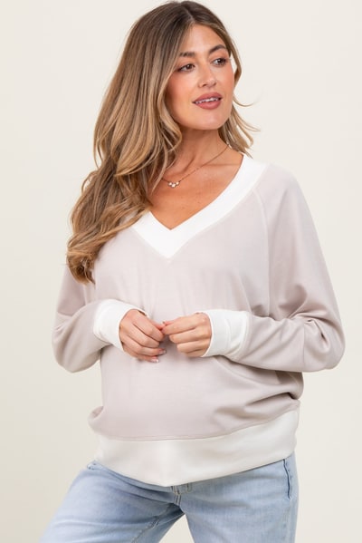 PinkBlush Beige Colorblock V-Neck Maternity Pullover Top