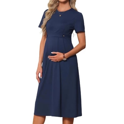 Target INSPIRE CHIC Women's Maternity Dress A Line Crewneck Short Sleeve Stretchy Summer Office Work Midi Pregnancy Dresses Medium Blue