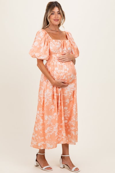 PinkBlush Peach Floral Textured Puff Sleeve Maternity Midi Dress