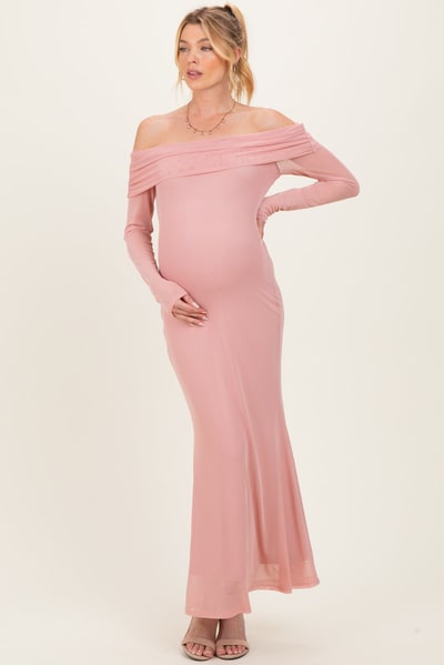 PinkBlush Mauve Mesh Overlay Off Shoulder Long Sleeve Maternity Midi Dress