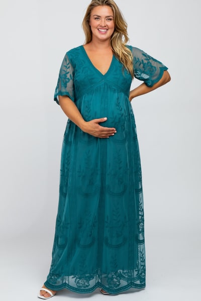 PinkBlush Teal Lace Mesh Overlay Maternity Plus Maxi Dress