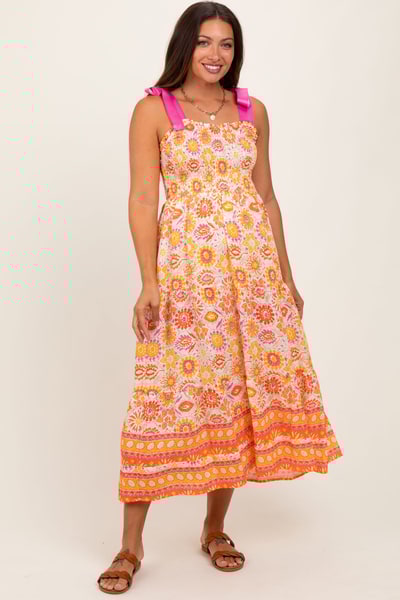 PinkBlush Yellow Floral Shoulder Tie Smocked Maternity Midi Dress