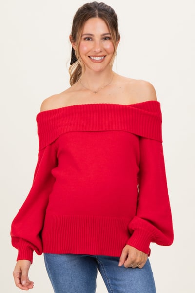 PinkBlush Red Off Shoulder Maternity Sweater