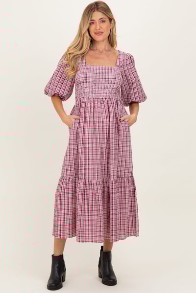 PinkBlush Red Plaid  Bubble Sleeve Maternity Dress
