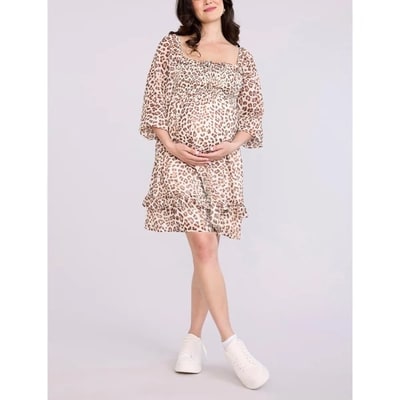 Target Women's Smocked Babydoll Long Sleeve Mini Dress - Soft Cheetah - Size: Small - Motherhood Maternity