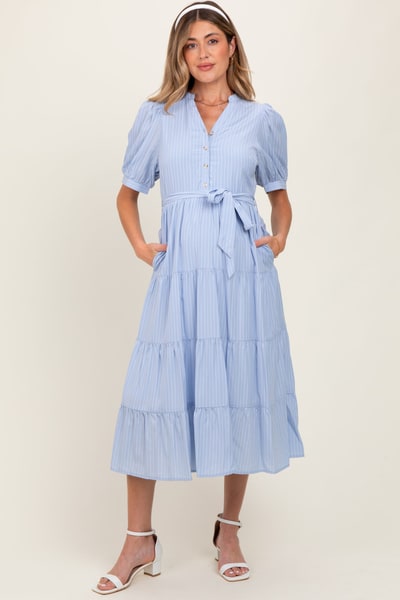 PinkBlush Light Blue Striped Button Up Tiered Maternity Maxi Dress