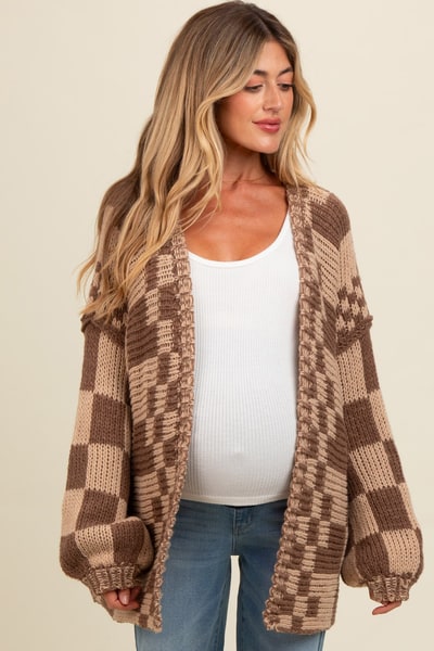 PinkBlush Brown Mixed Check Pattern Chunky Maternity Cardigan