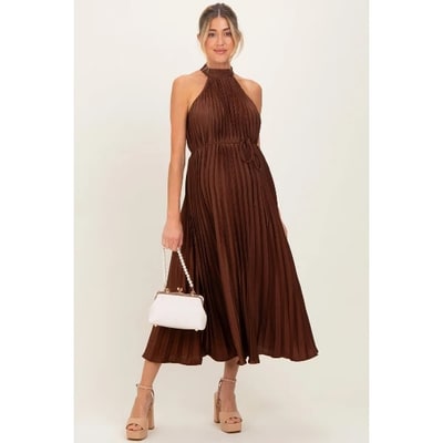 Target Pinkblush Brown Pleated Maternity Halter Dress Small