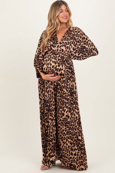 PinkBlush Leopard Pleated V Neck Satin Maternity Maxi Dress