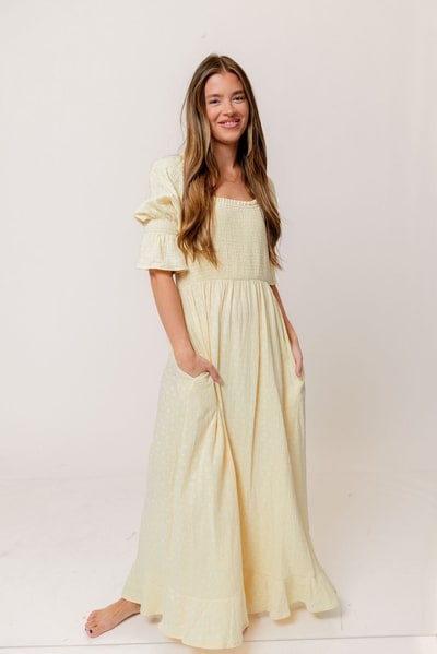 Worth Collective Sienna 100% Cotton Puff Sleeve Maxi Dress in Custard Foliage - Bump Friendly