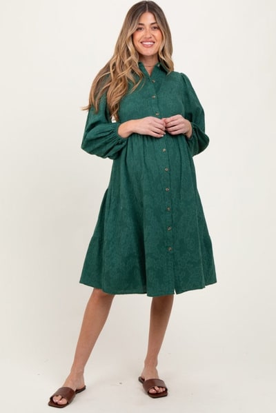 PinkBlush Forest Green Tiered Button Down Maternity Shirt Dress