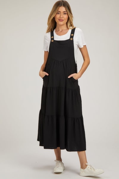 PinkBlush Black Button Sling Tiered Maternity Midi Dress
