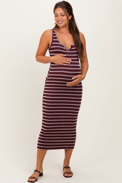 PinkBlush Burgundy Stripe Ribbed Sleeveless V Neck Maternity Maxi Dress