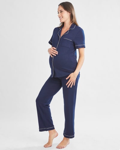 Angel Maternity Maternity and Nursing Button Front Pajama Set in Navy