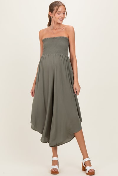 PinkBlush Olive Smocked Strapless Tulip Leg Maternity Jumpsuit