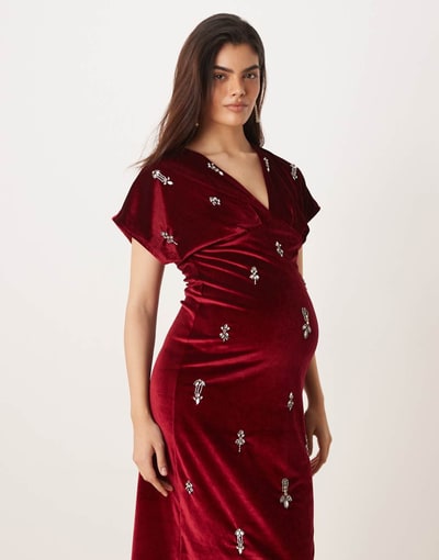 ASOS Hope & Ivy Maternity v-neck embellished velvet midi dress in burgundy
