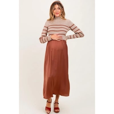 Target Pinkblush Brown Striped Contrast Sweater Top Maternity Maxi Dress Large